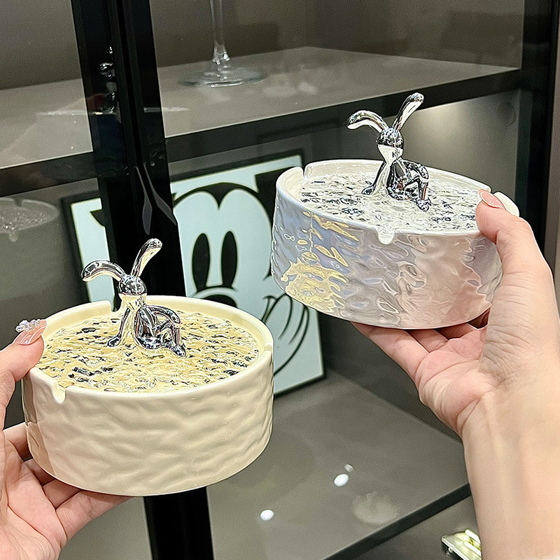 陶瓷烟灰缸带盖防飞灰家用客厅轻奢高颜值创意烟缸高级感奶油|undefined