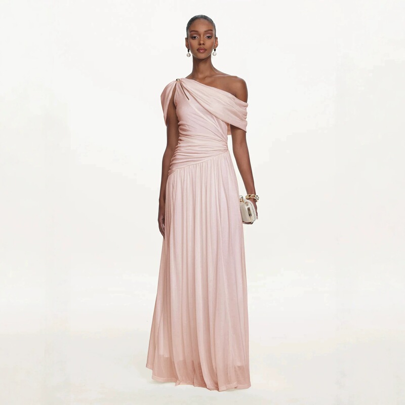 Long Waist-Cinching Slimming Party Dress with One-Shoulder Design, Elegant and Stylish for Banquets, Weddings, and Formal Occasions