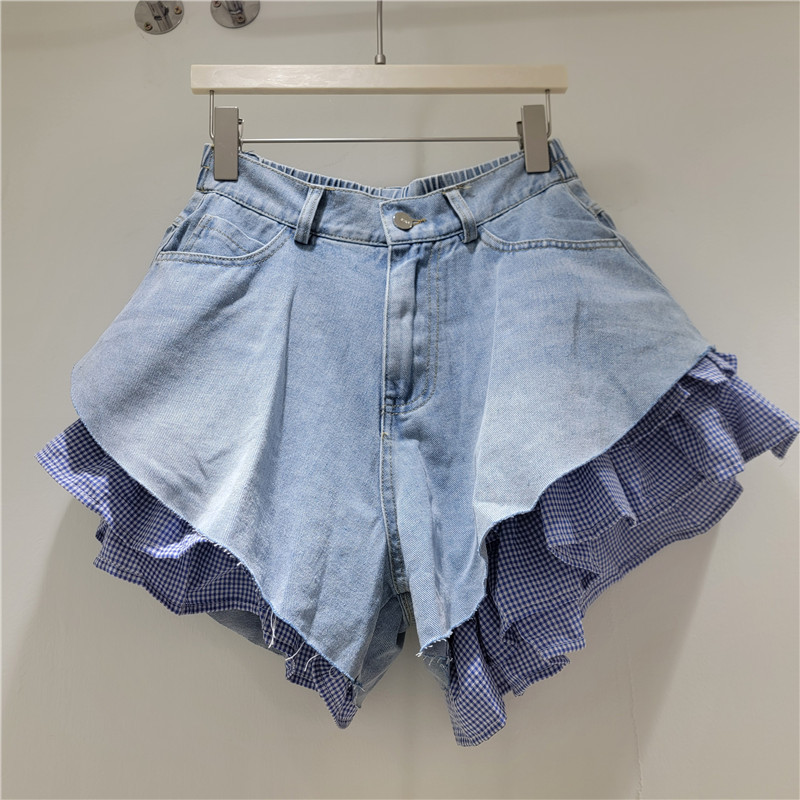 Shorts de Mezclilla con Encaje de Cuadros y Cintura Alta Corte Holgado para Verano
