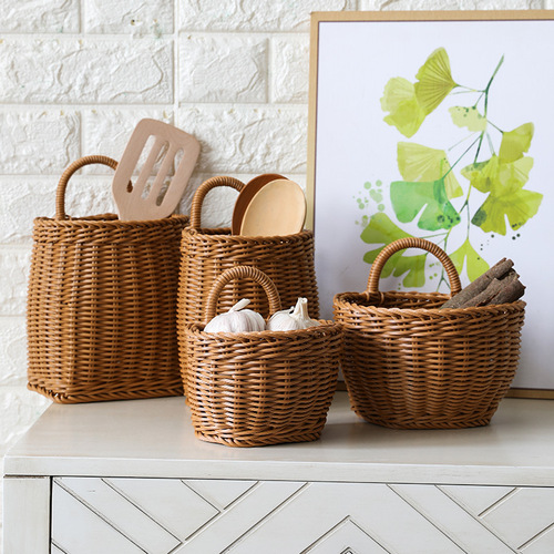 Factory-direct, internet-famous storage basket for onions, ginger, and garlic—kitchen wall-mounted basket, plastic & rattan-style wall-hanging flower basket