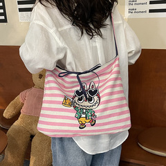 漫画ストライプキャンバスバッグ女性のための 2025 新しい大学生クラスの通勤バッグカジュアル大容量クロスボディトートバッグ