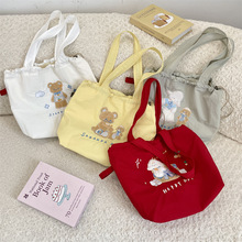 5915 ins可爱卡通刺绣帆布包大容量女简约百搭抽绳束口单肩手提包