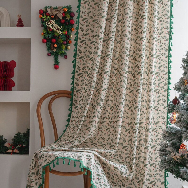 Qixin Curtain Green Christmas Gold Stamped Holly Leaf Small Window Kitchen Curtain Semi-Shading Bay Window Balcony Design