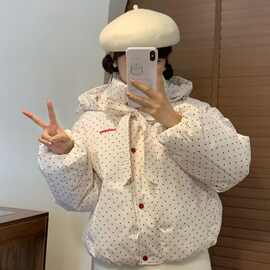 新款日系学院风彩色波点连帽棉服外套冬季高级加厚保暖面包服上衣
