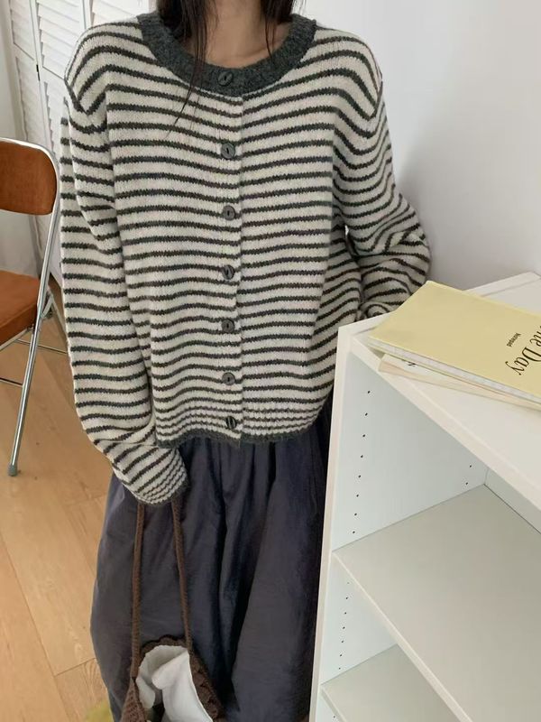 复古学院风撞色条纹针织开衫女装2025秋冬新款软糯长袖毛衣外套女|undefined