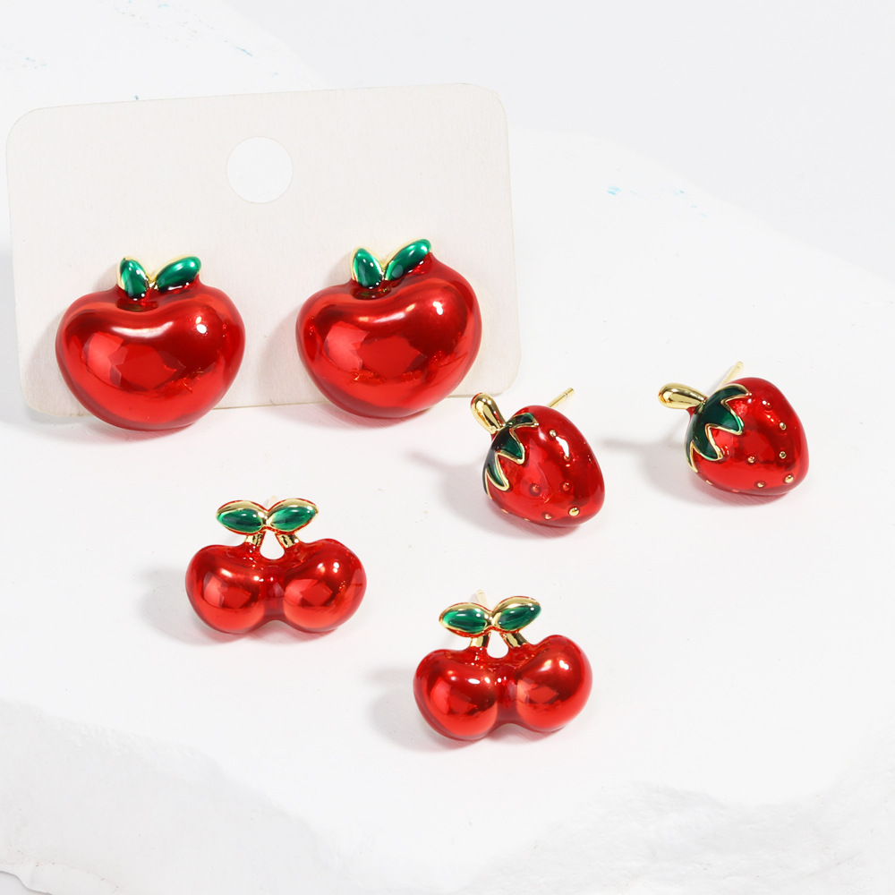 8g Weight Copper Ear Needle Material Ear Studs Classification 1 Pair Quantity Holiday, Daily Occasion Copper Material Cherry, Apple, Strawberry Pattern All Seasons Season Women's Gender Enamel Design Cute Style 1 Pair Cute Cherry Apple Strawberry Enamel Copper Ear Studs 10