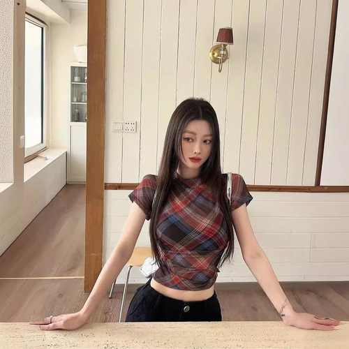 Vintage Gingham Crew Neck Short Sleeve Square Shoulder T-Shirt for Women - Summer 2024 New Sweet and Spicy Style Pleated Tight Fitting Slimming Top