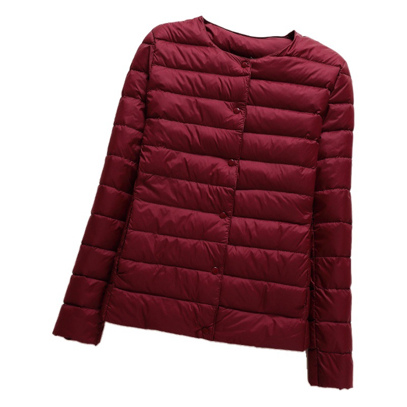 まだ家の服装の秋冬の新型の婦人服の襟がないダウンジャケットの薄い便利な丸首の修身の短い女性のダウンジャケット