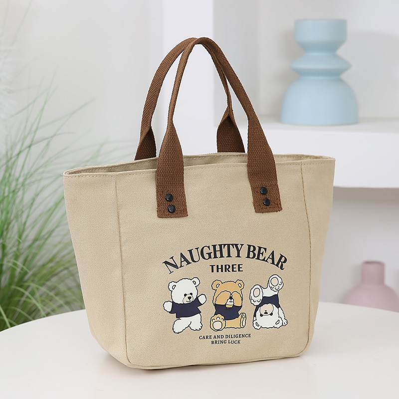 3 개의 곰 캔버스 가방 휴대용 핸드백 도시락 작은 만화 캔버스 가방 모든 경기 도시락 가방 간단한 작업
