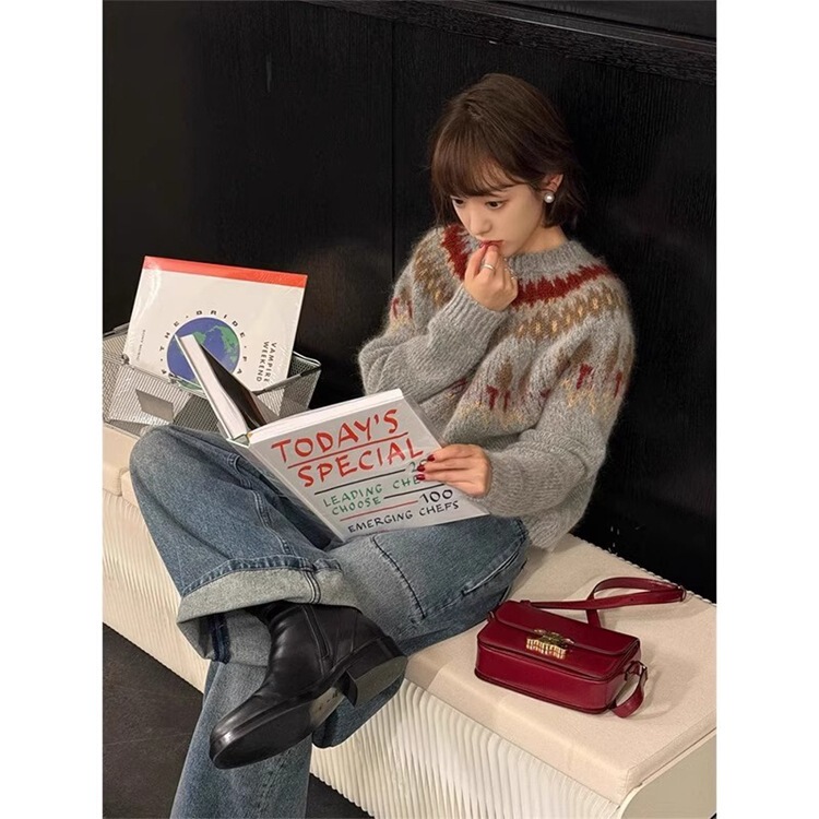 Fair Isle Retro Gray Jacquard Pullover Knitwear for Women Autumn and Winter Scandinavian Style Loose Soft Waxy Raccoon Velvet Knitwear