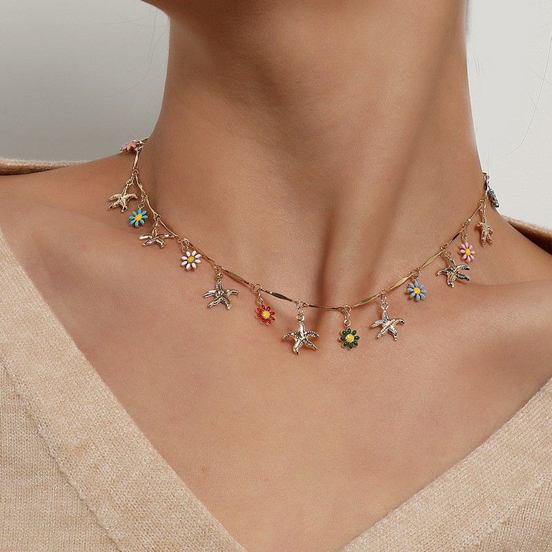 10g Weight Copper Pendant Material Multi Charms Necklace Classification Wholesale Jewelry Casual Starfish Flower Copper Multi Charms Necklace Chain-free