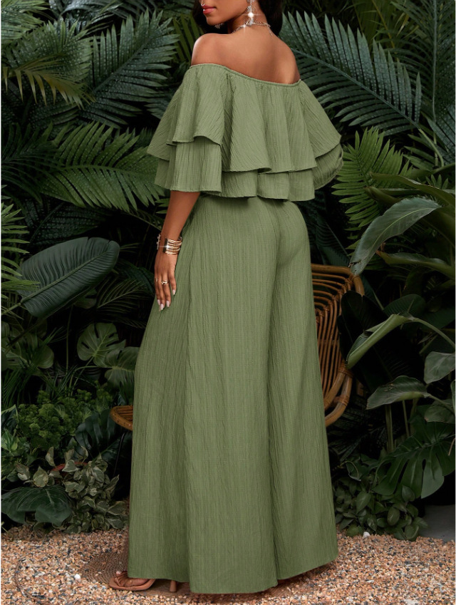 Elegantes Schulterfreies Hosenanzug Set Für Damen Einfarbig_voghion.com
