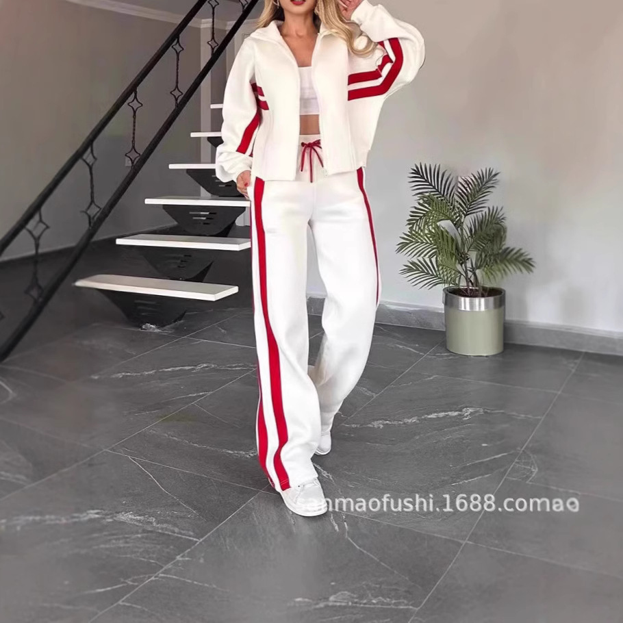 2024 Europe and America Cross-border Amazon Autumn Foreign Trade Y2K Striped Zipper Jacket Casual Sports suit Women