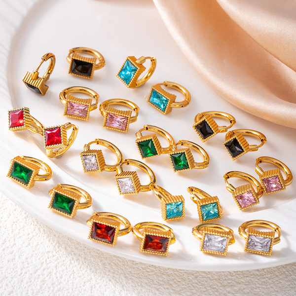 fashionable retro square earrings stainless steel with zircon