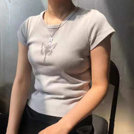 BM风 新款芭蕾女孩印花短袖T恤bm修身高腰短上衣