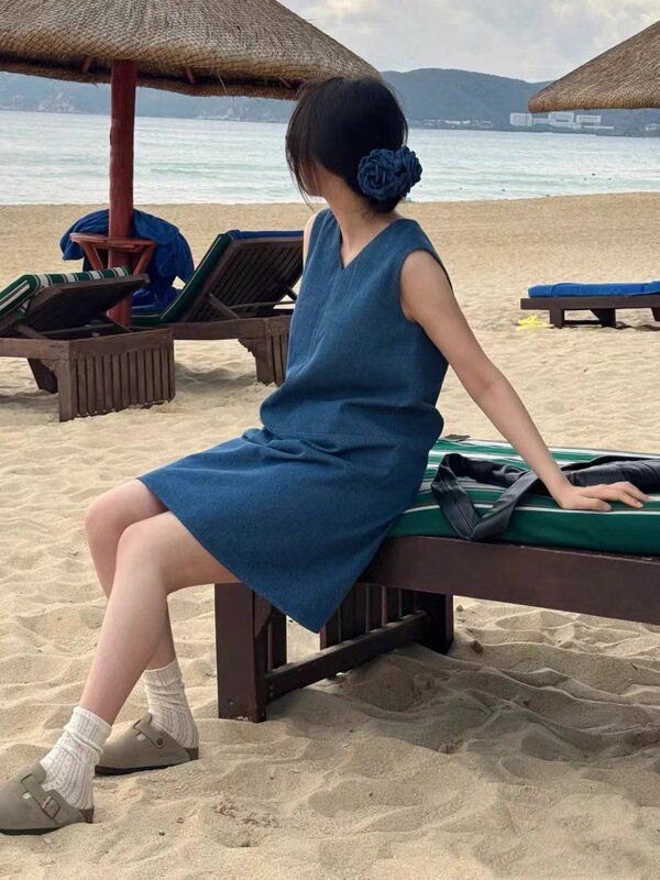 韓国系chic夏フランス式レトロ丸首ゆるいカジュアル純色ノースリーブチョッキデニムワンピーススカート女性|undefined