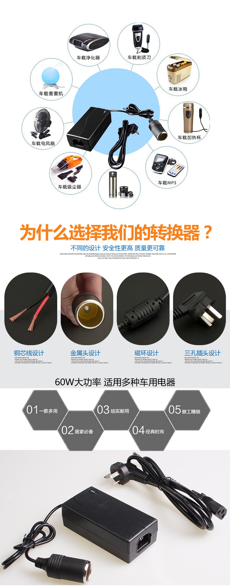 220V to 12V Power Converter Car Vacuum Cleaner Refrigerator Air Pump to Household Power Supply 12V5 Cigarette Lighter