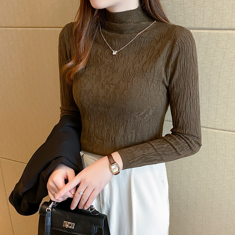 Suéter de fondo de manga larga con cuello alto para mujer 2023 otoño e invierno nuevo top de adelgazamiento slim fit Camisa de fondo de color sólido de estilo occidental image 8