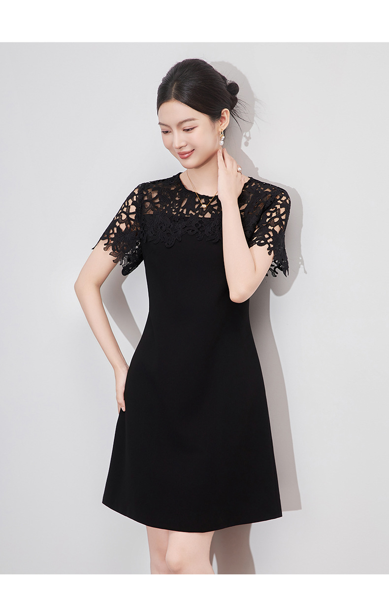 Đầm chữ A nữ thiết kế ren thêu họa tiết hoa nổi — đen chi tiết 11