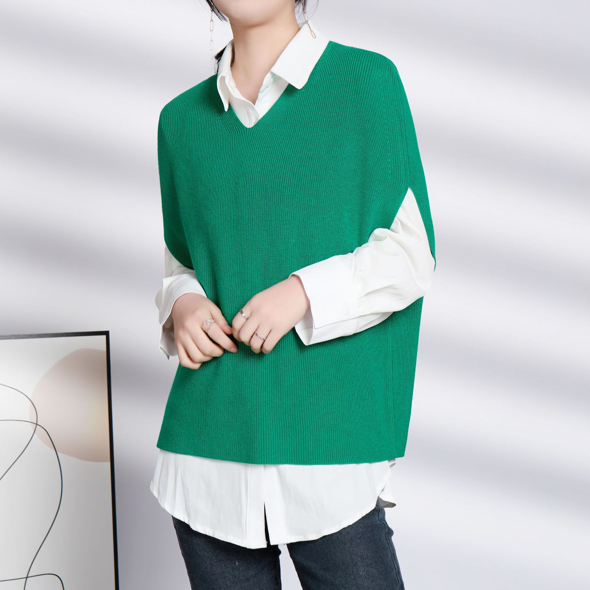 Nuevo estilo coreano Chaleco con cuello en V suéter blogger sentido alta ocultación carne moda casual de punto chaleco suelto ropa exterior de las mujeres image 13