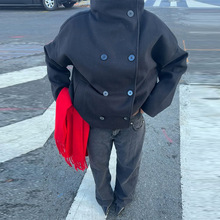 欧美跨境外贸2025秋冬季新款百搭气质通勤舒适立领双排扣大衣