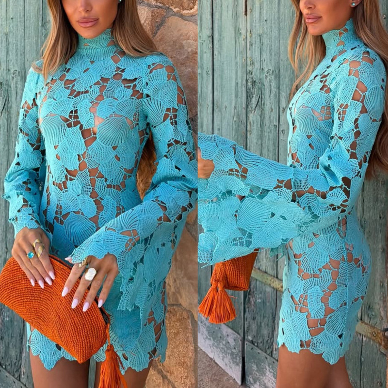 Lace High-Neck Dress Casual Ins Loose Long-Sleeve 2026 Women's Dress New Cross-Border European and American Vacation Style Lace High-Neck Dress Casual Ins Loose Long-Sleeve 2026 Women's Dress New Cross-Border European and American Vacation Style