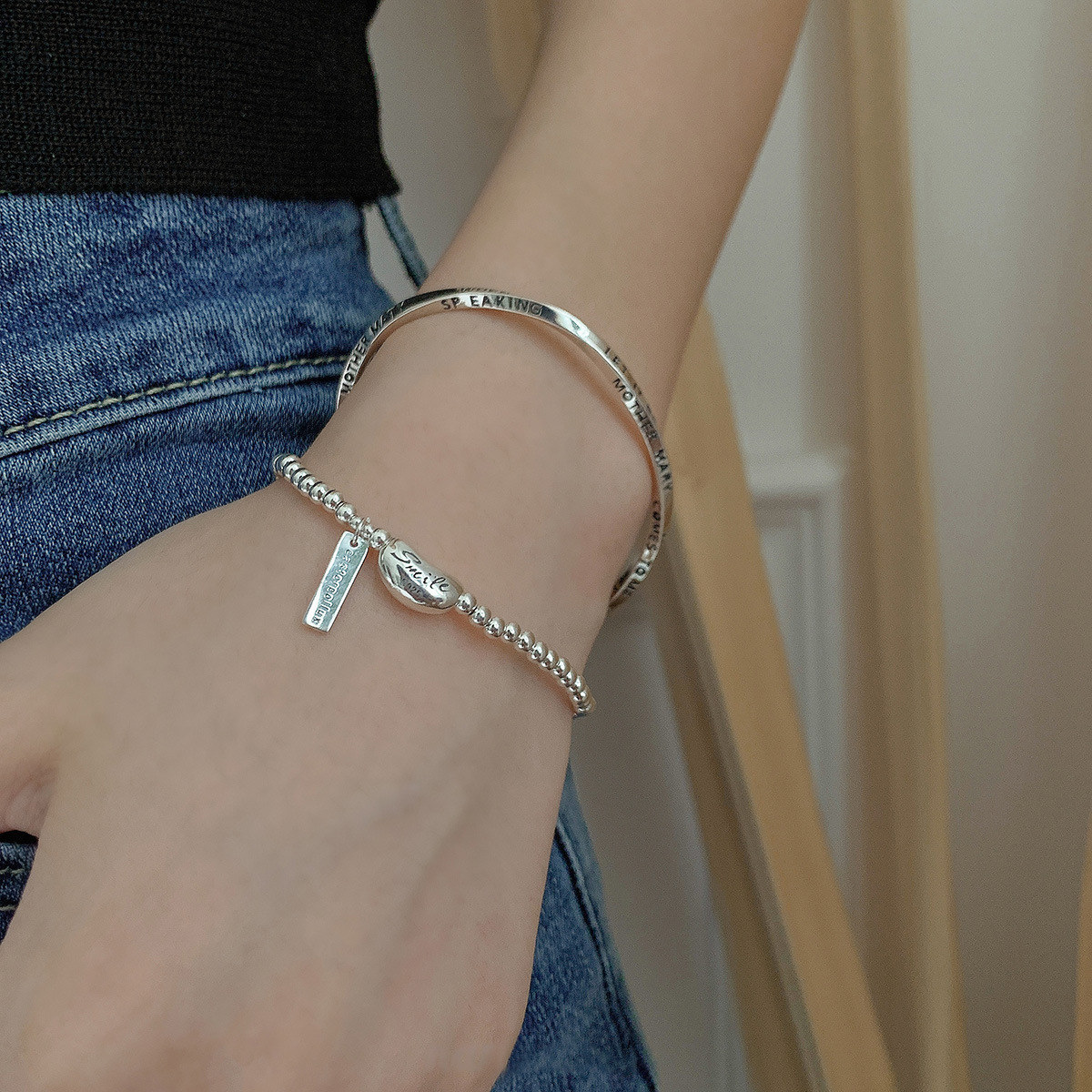 S Pure Silver Smile Pea Hanglabel Dames Handwerk Armband Koud Eenvoudig Koreaans Ontwerp Gevoel Klein en Uniek_voghion.com