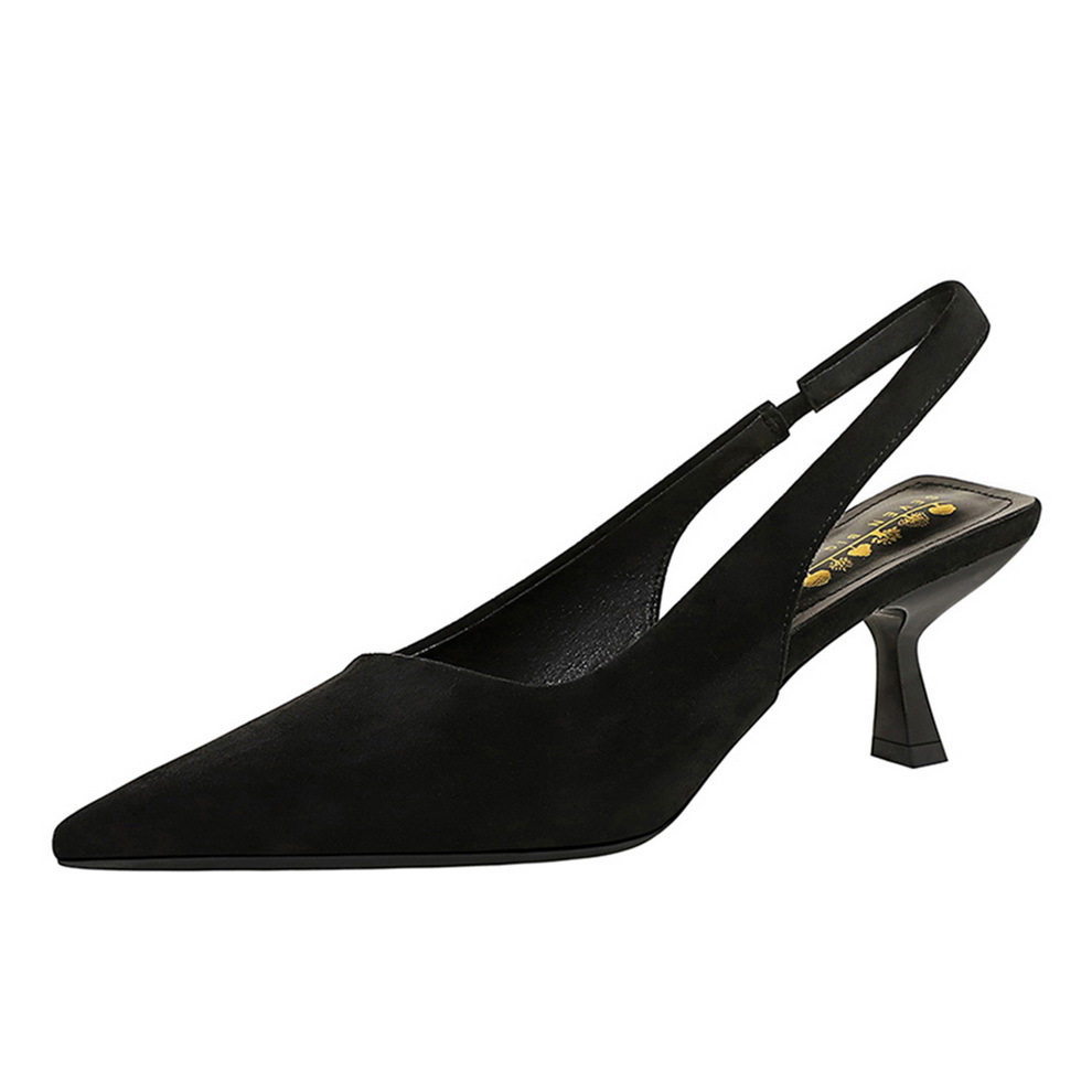8295 suede high-heeled shoes with pointed back hollowed out wine glass heel for women, shallow back strap, plain single shoe for women