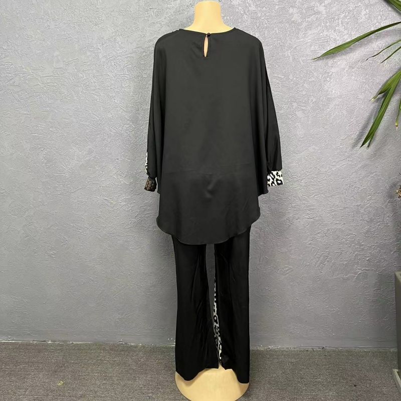 Women's Clothing large size loose bat sleeve leopard print color matching hot diamond top with trousers suit_voghion.com
