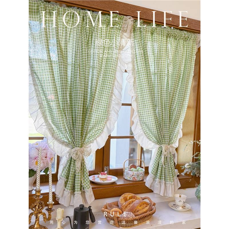 American Country Green Plaid Curtains Retro Half Curtain Ruffled Bay Window Partition Curtain Small Window Kitchen Half Curtain Korean Style