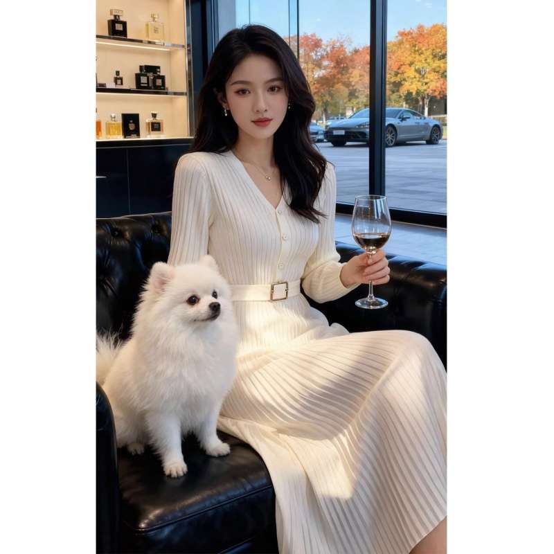 Korean Formal Occasion Commuting Elegant Goddess Fairy White V-Neck Knitted Sweater Dress Base Long Skirt