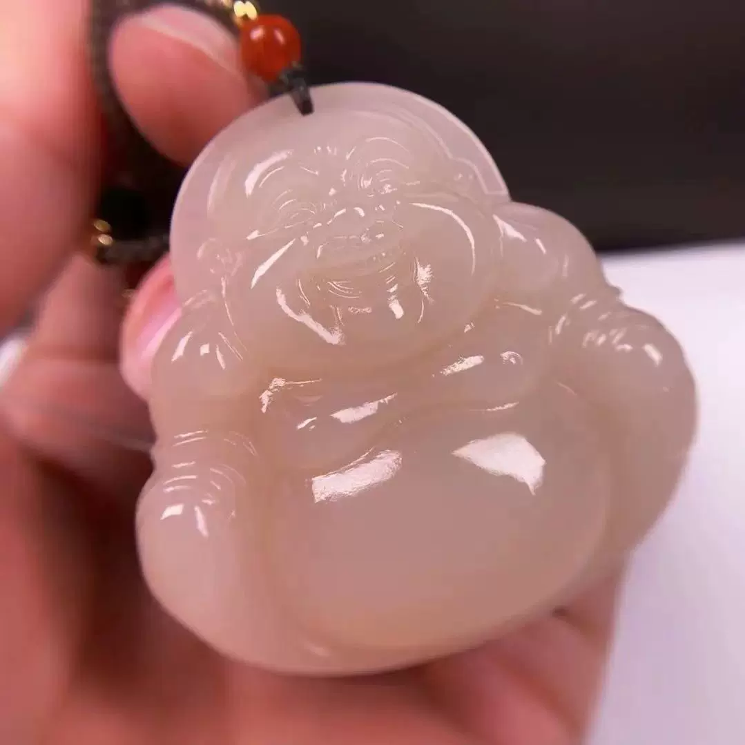 批发天然冰种藕粉佛公吊坠天然玉石笑佛挂件女款玉佩项链弥勒佛牌