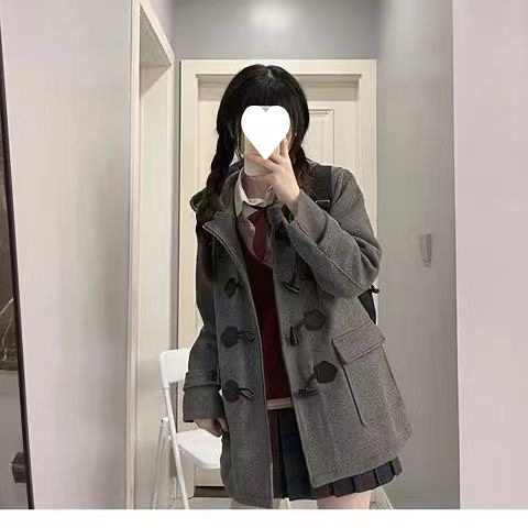 学院风牛角扣大衣秋冬季jk制服毛呢中长款连帽小个子外套女装