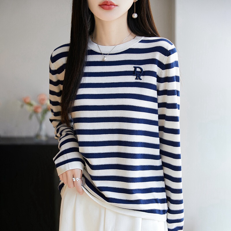 New Style Mulberry Silk Wool Women's Round Neck Striped Sweater Pullover Long-Sleeve Loose Slimming Top Thin Knitwear New Style Mulberry Silk Wool Women's Round Neck Striped Sweater Pullover Long-Sleeve Loose Slimming Top Thin Knitwear