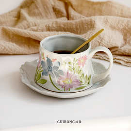 桂荣 法式复古咖啡杯碟装釉下彩油画陶瓷杯浓缩拿铁下午茶拉花杯