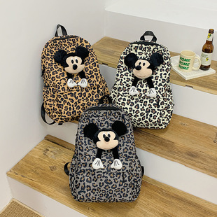 Korean Fashion Leopard Print Backpack Women's 2024 New Mickey Doll Backpack Casual All-match Large Capacity Women's Schoolbag