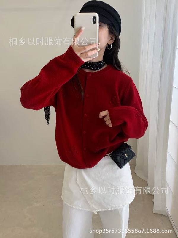 以时 森系25秋冬新款羊毛外套 纯色百搭圆领镂空毛针织毛衣开衫女|undefined