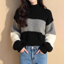 黑白撞色粗线高领毛衣女2025秋冬新款洋气独特别致针织衫打底上衣