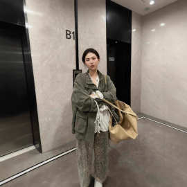 现货 韩国东大门复古军绿色工装风外套韩系女装立领宽松休闲夹克