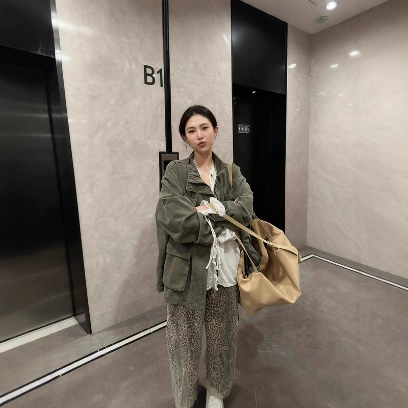 In-Stock Korean Dongdaemun Vintage Army Green Workwear Style Jacket Korean Women's Stand Collar Loose Casual Jacket