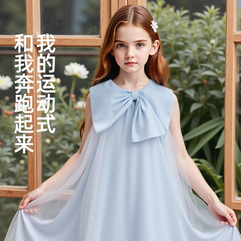 2026 Summer Girls' Dress New Style for Older Children with Bowknot, High-End Mesh Dress, Sweet and Cute for Little Girls