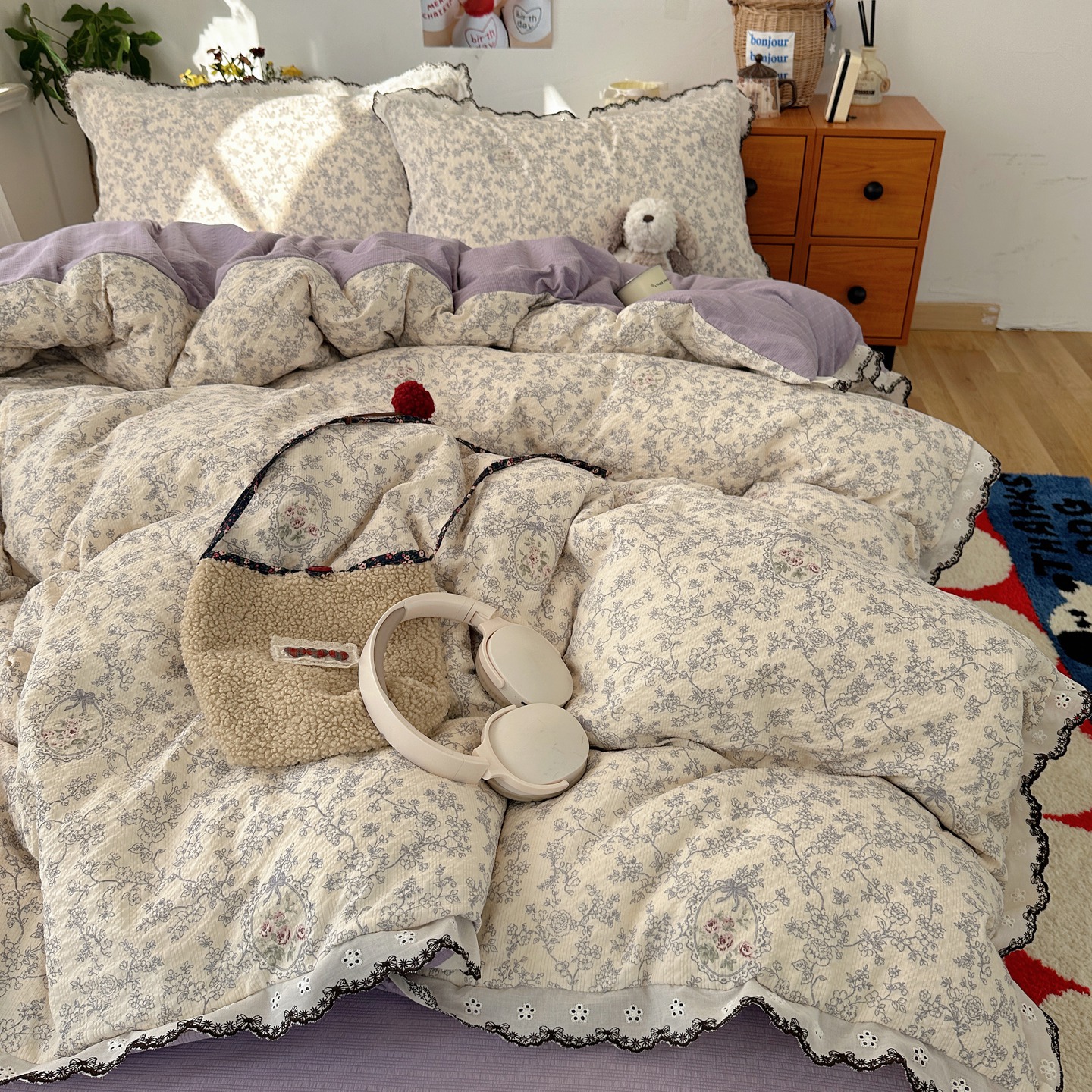 Nordic French Vintage Boho French-style Vintage Double-layer Gauze Four-piece Nordic Fresh Lace Style Single-person Three-piece Set, Double-person_voghion.com