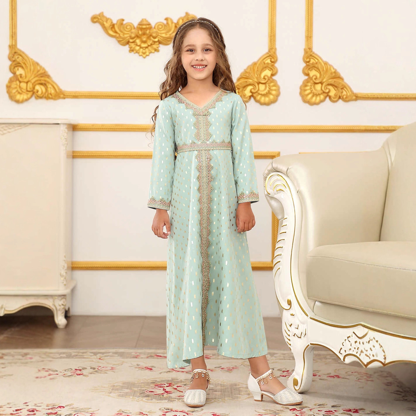 Dubai Mädchen Langarm Kleid Mit Druck Middle Eastern Style_voghion.com