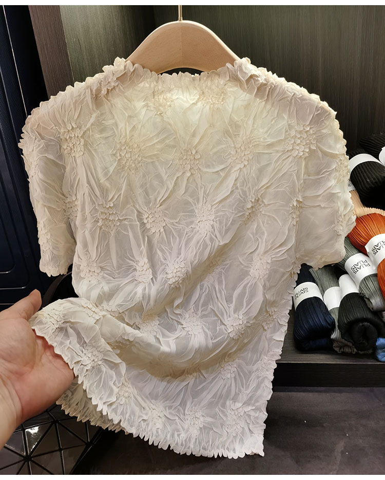 Áo thun ngắn tay cổ đứng phối xếp li nữ thiết kế cao cấp — Màu đen, Màu trắng, Màu xám, Màu vàng gừng chi tiết 6