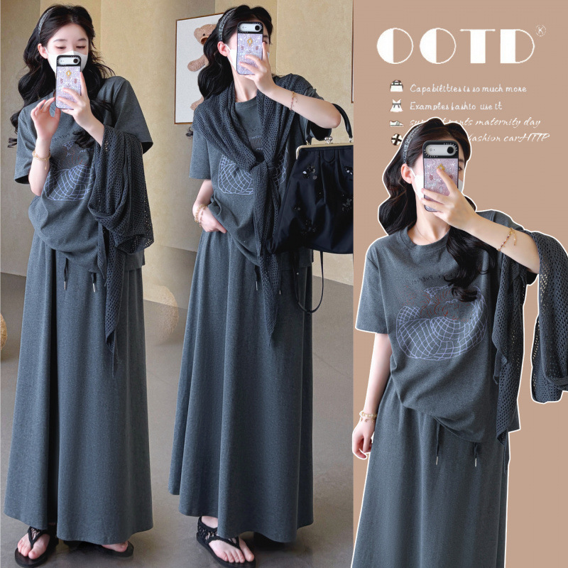 Maternity Wear Summer Set Trendy Mom New Fashion Casual Sports Style Short-Sleeved Top Skirt Shawl Two-Piece Set