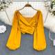 Spring Fashion V-neck Pleated Collarbone Bubble Long-sleeved Pullover Shirt Women's Stylish Chic Short Navel Shirt
