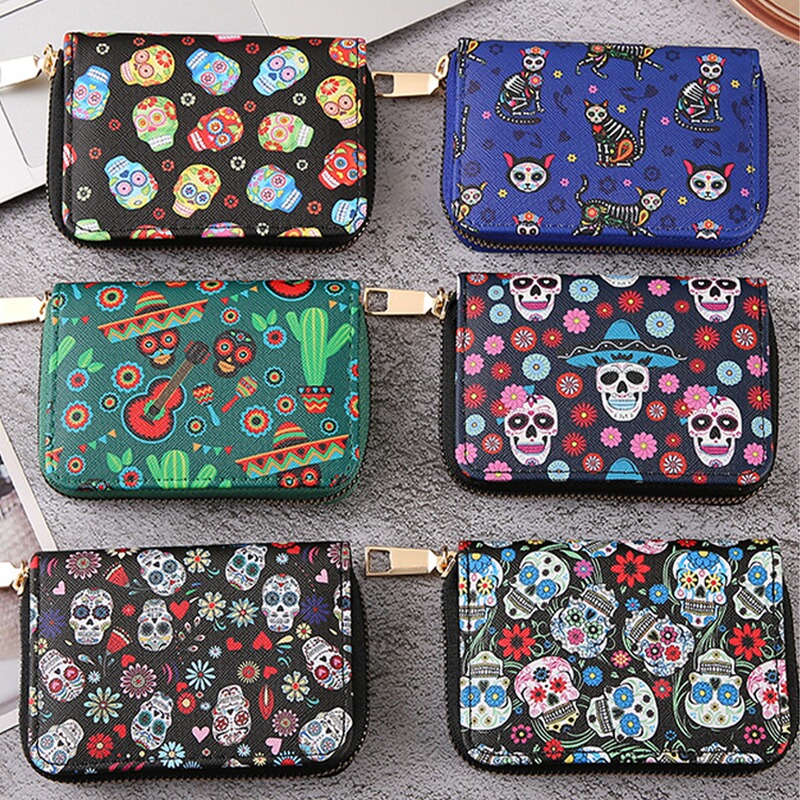 Cross-Border Halloween Wallet Fashion Gothic Skull Fashion Card Holder Multi-Card Slot Zipper Coin Purse Women's Clutch Bag