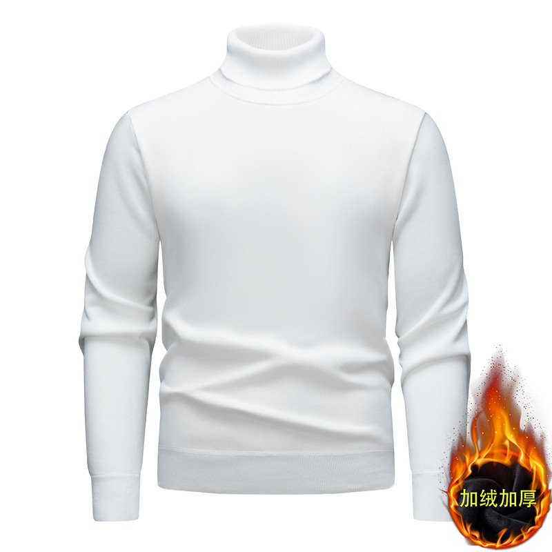 Cross-Border Autumn and Winter Fleece-Lined Men's High-Neck Sweater, Slim-Fit Solid Color Casual Versatile Base Layer Knitwear