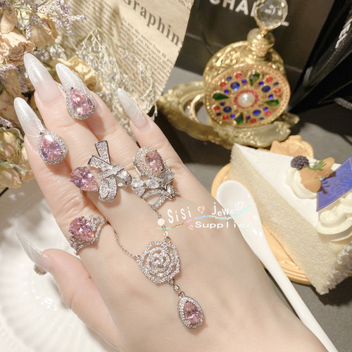 SIsi niche sleeping beauty pink treasure mixed set for women 18K gold plated micro-paved pink zirconium tassel fashion versatile ring