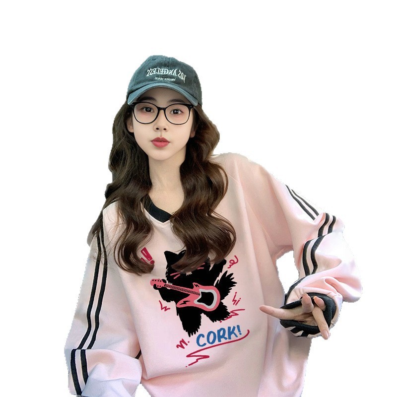 美式复古两条杠拼接薄款卫衣女甜酷风卡通涂鸦洋气宽松遮肚子上衣|undefined